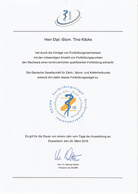 Dipl.Stom. T. Käcks - Zertifikat 2018