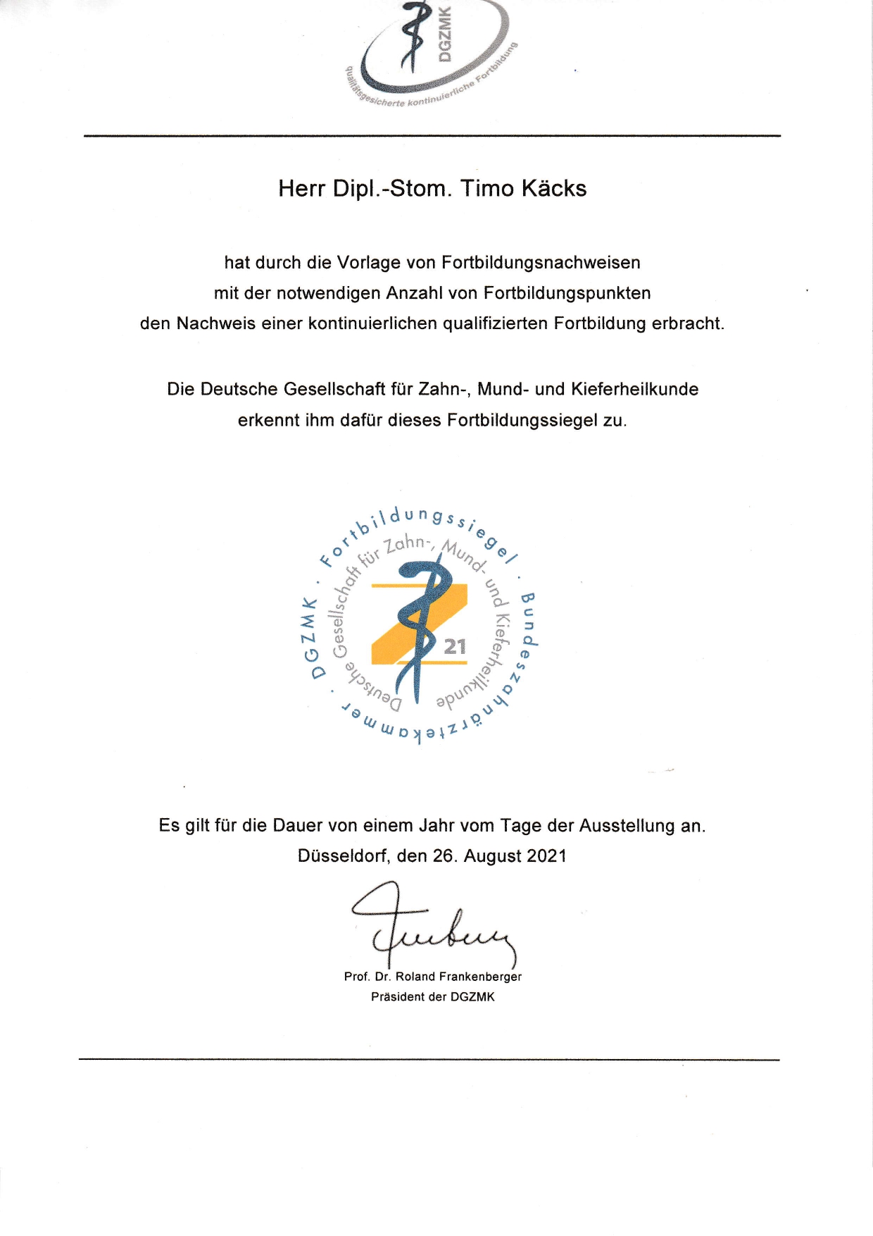 Dipl.Stom. T. Käcks - Zertifikat 2021