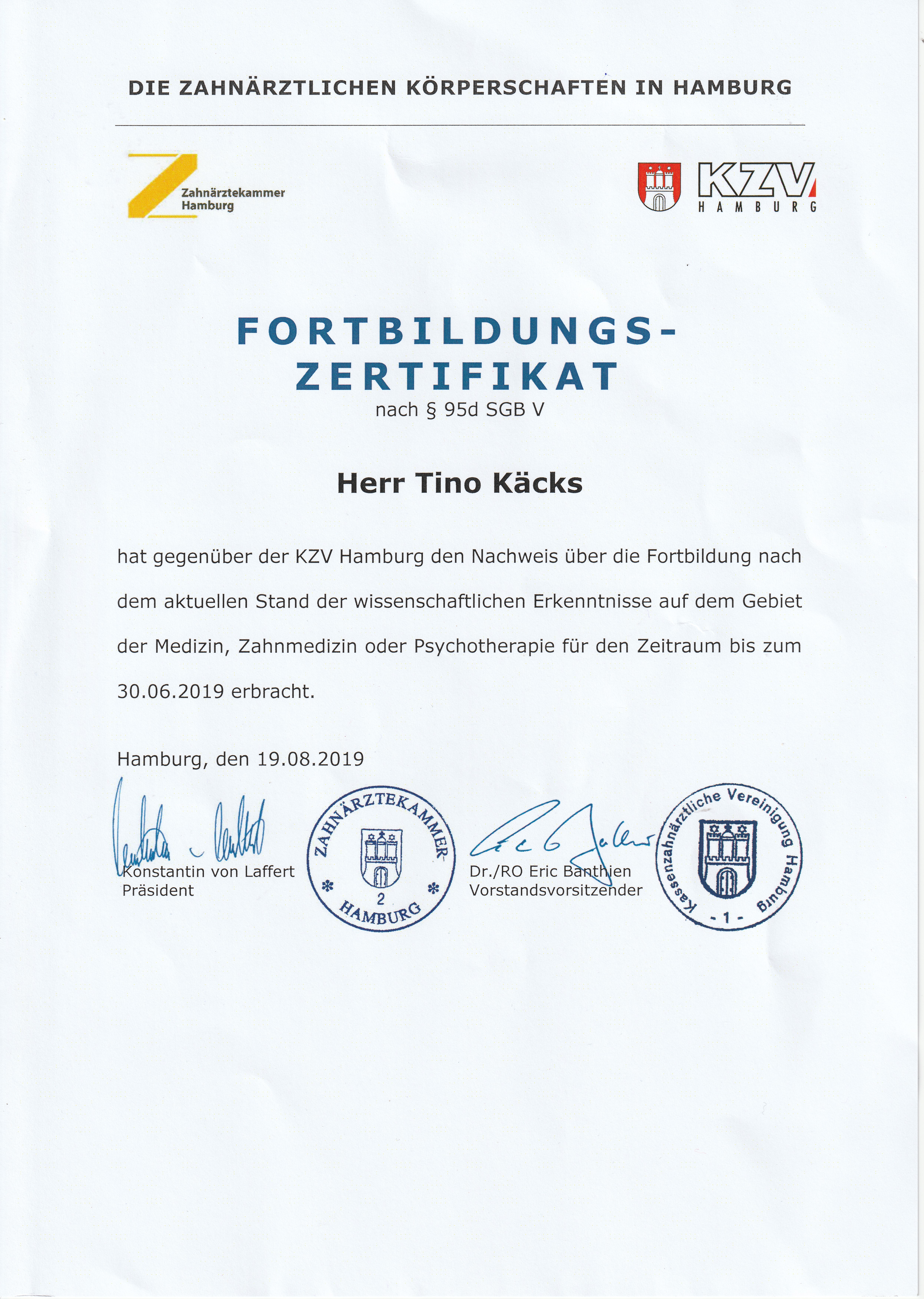 Dipl.Stom. T. Käcks - Zertifikat 2019